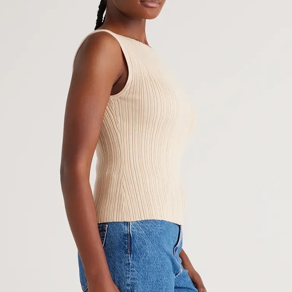 Quince Cotton Cashmere Ribbed Tank in Heather Oatmeal - Picture 3 of 11
